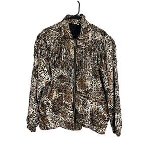 Retro Silk Animal Print Bomber Jacket Tan XL Neutral Preppy Classic Chic Fringe